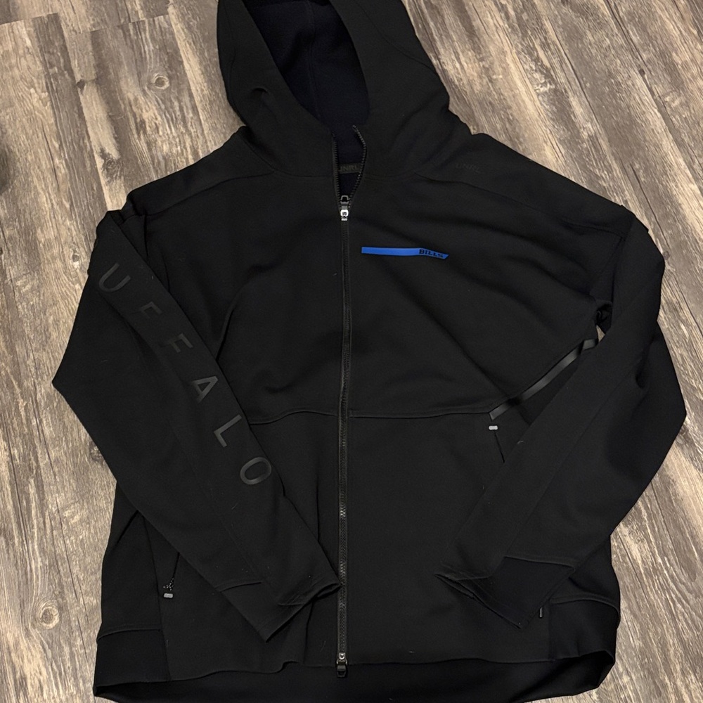 Black Hoodie with Blue UNRL x Buffalo Bills limited edition full-zip hoodie.
